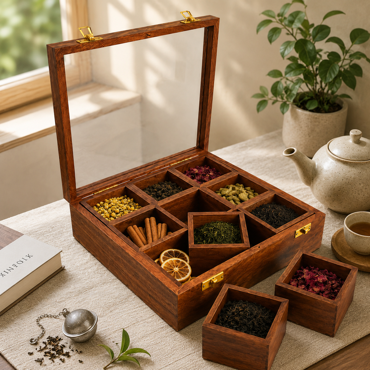 Sheesham Wood 9-Compartment Storage Box | Glass Lid Organizer for Dry Fruits, Spices & Jewelry
