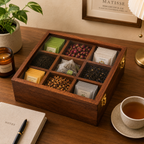Sheesham Wood 9-Compartment Storage Box | Glass Lid Organizer for Dry Fruits, Spices & Jewelry