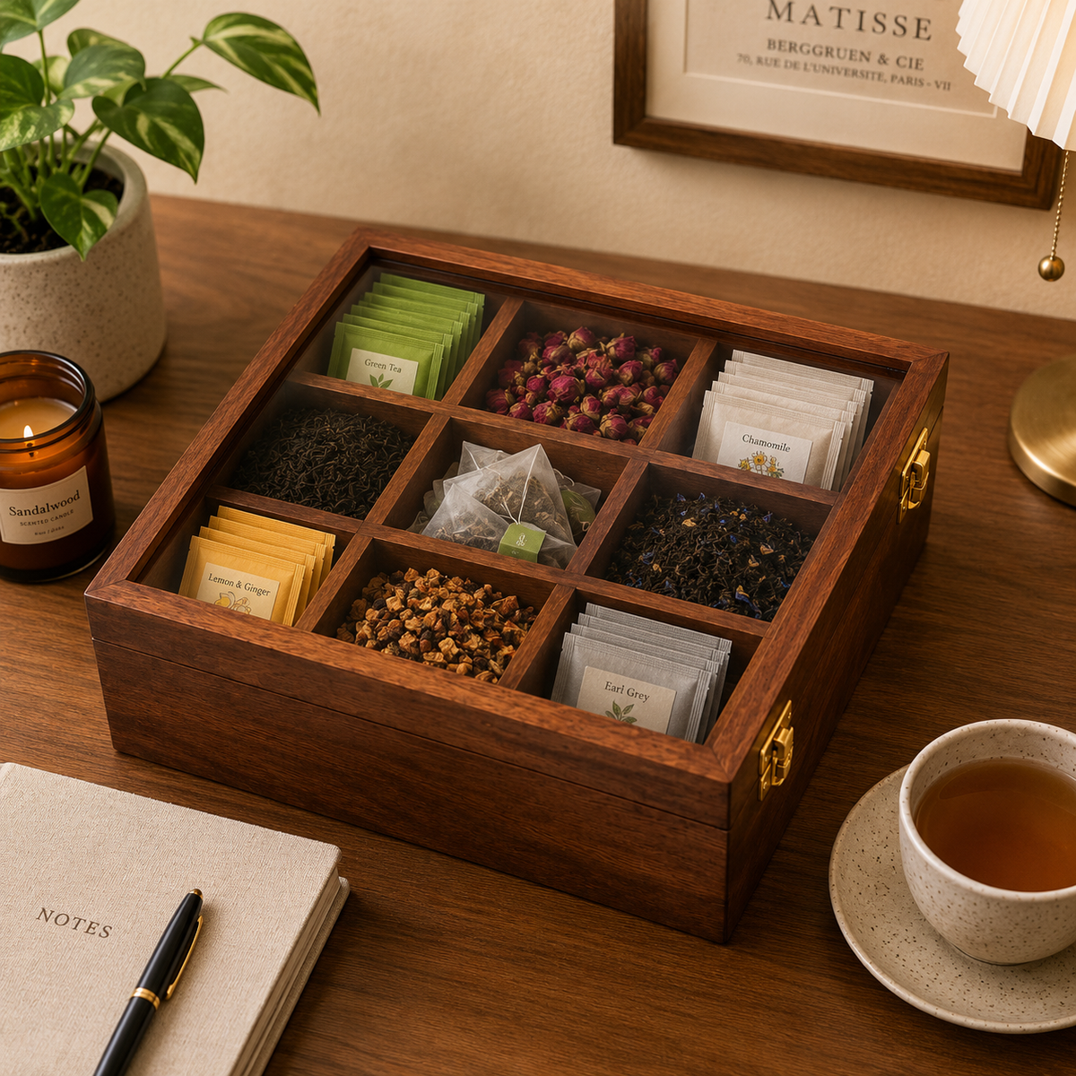 Sheesham Wood 9-Compartment Storage Box | Glass Lid Organizer for Dry Fruits, Spices & Jewelry