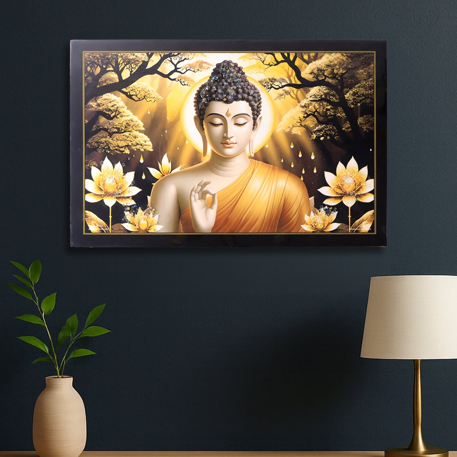 Lord Buddha wall painting with wooden frame showing serene Buddha meditation art