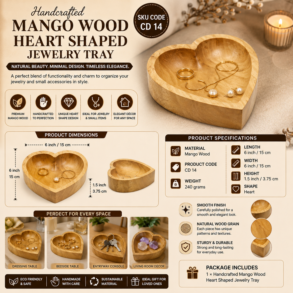 Mango Wood Heart Shaped Jewelry Tray | Trinket Dish for Rings, Earrings & Keys