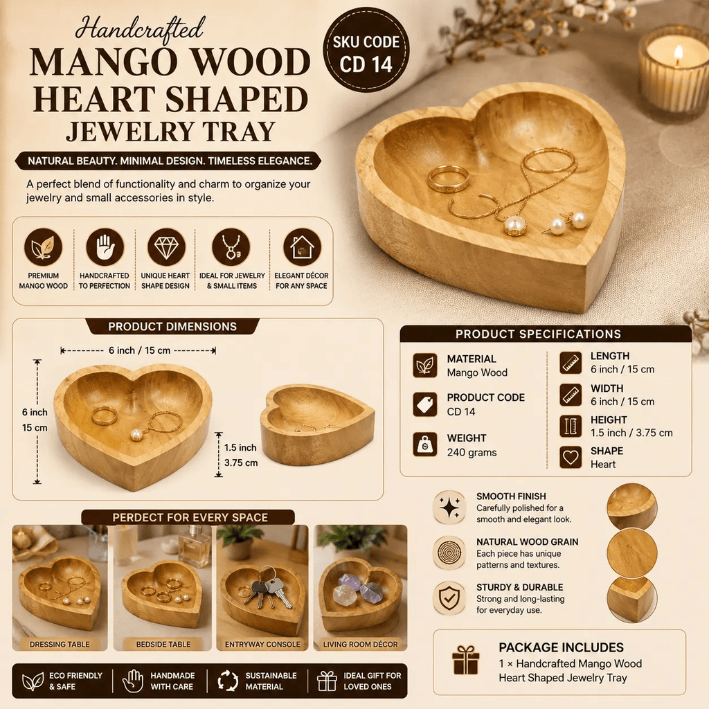 Mango Wood Heart Shaped Jewelry Tray | Trinket Dish for Rings, Earrings & Keys