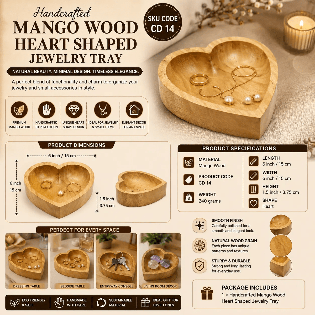 Mango Wood Heart Shaped Jewelry Tray | Trinket Dish for Rings, Earrings & Keys