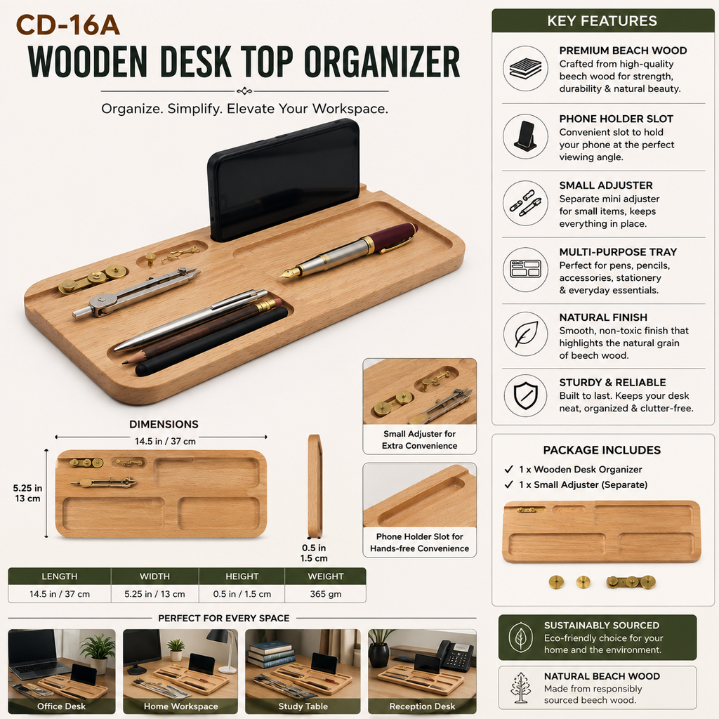 Handcrafted Wooden Desk Organizer with Phone Holder & Multi-Compartment Storage
