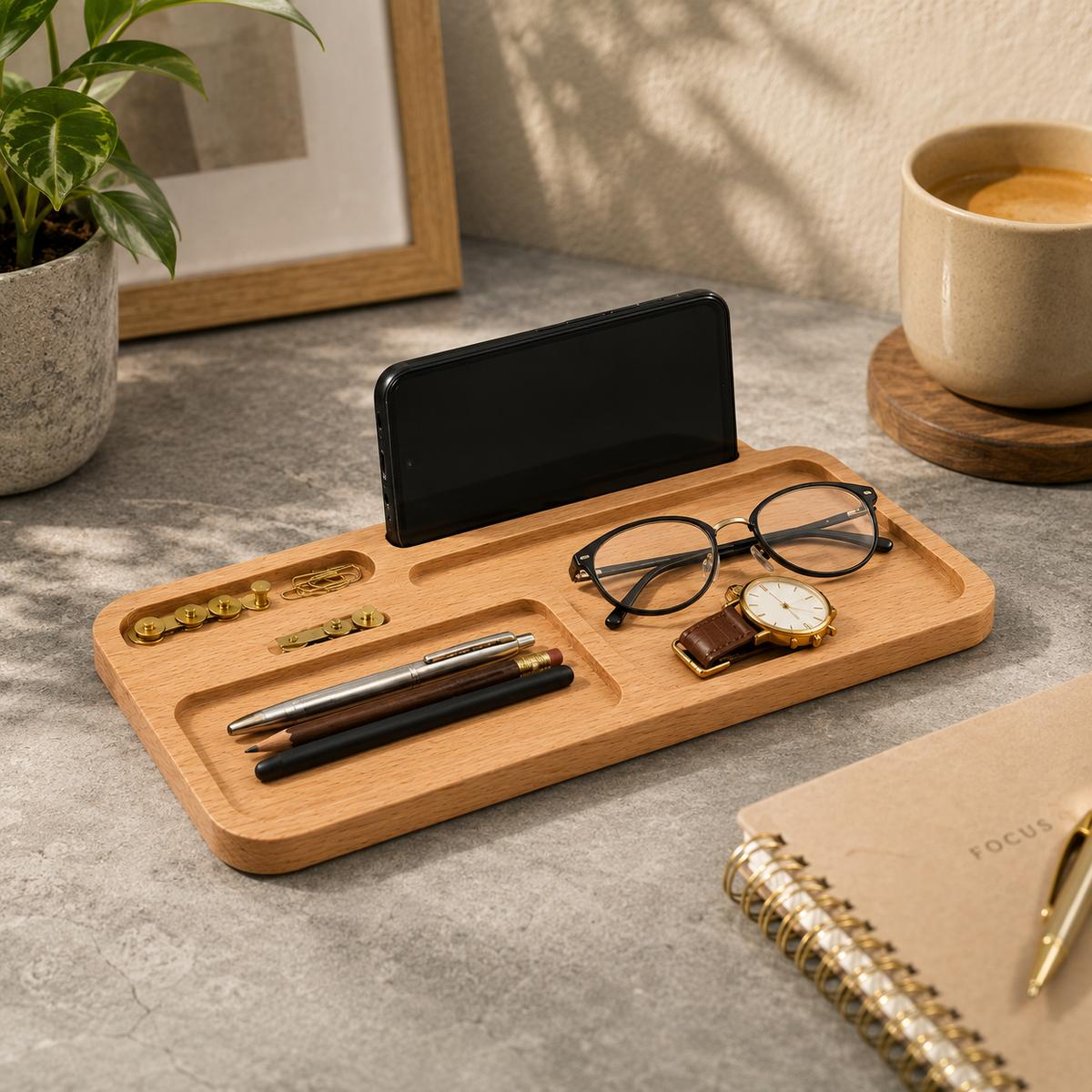 Handcrafted Wooden Desk Organizer with Phone Holder & Multi-Compartment Storage
