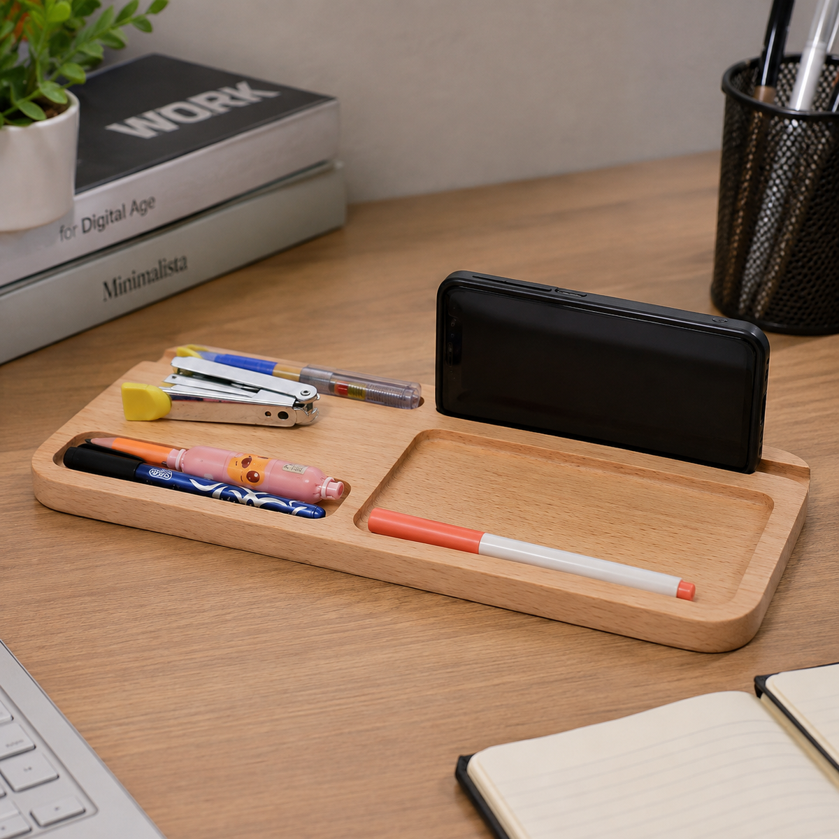Handcrafted Wooden Desk Organizer with Phone Holder & Multi-Compartment Storage