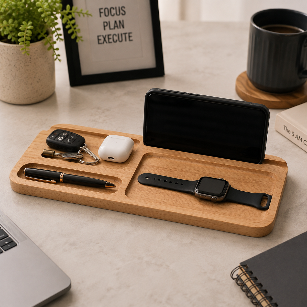 Handcrafted Wooden Desk Organizer with Phone Holder & Multi-Compartment Storage