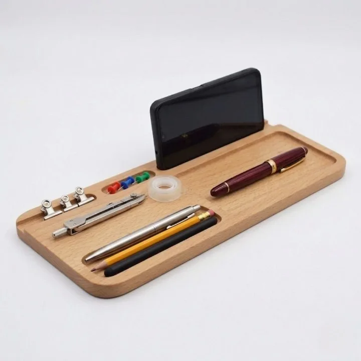 Handcrafted Wooden Desk Organizer with Phone Holder & Multi-Compartment Storage