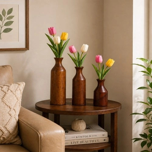 Sheesham Wood Flower Vase | Rustic Brown Decor for Dried Flowers, Home & Office