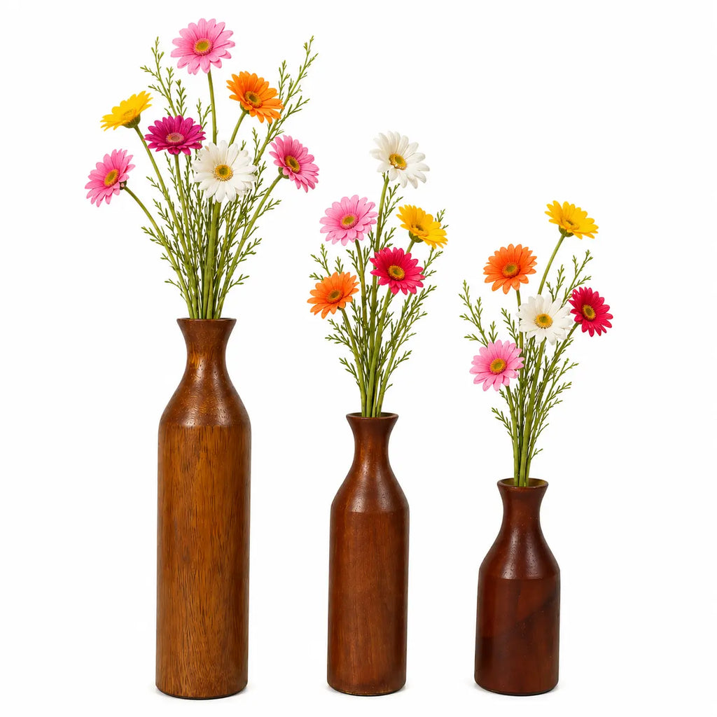 Sheesham Wood Flower Vase | Rustic Brown Decor for Dried Flowers, Home & Office