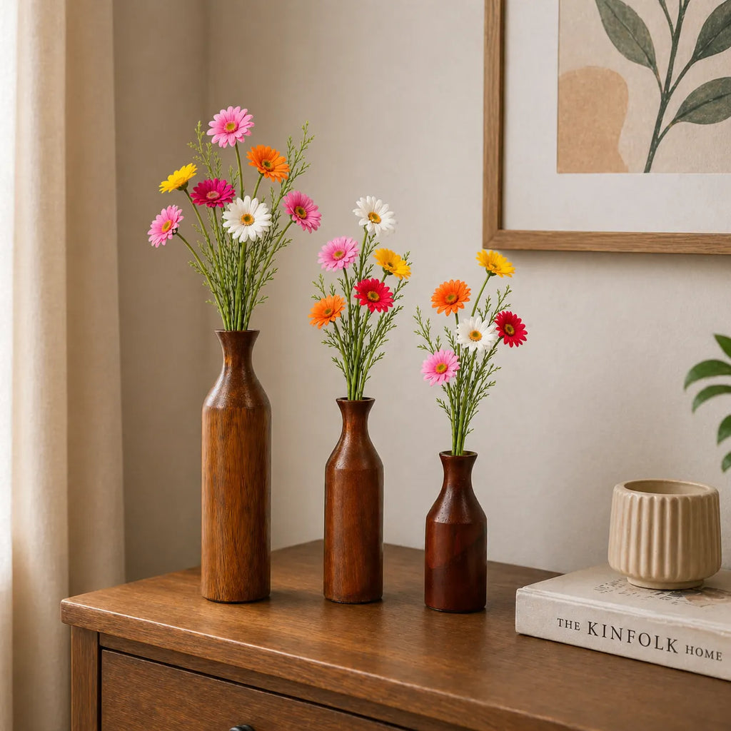 Sheesham Wood Flower Vase | Rustic Brown Decor for Dried Flowers, Home & Office