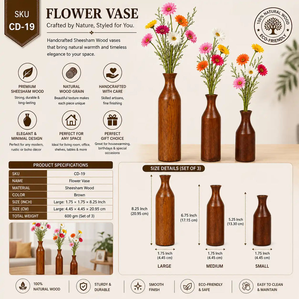 Sheesham Wood Flower Vase | Rustic Brown Decor for Dried Flowers, Home & Office