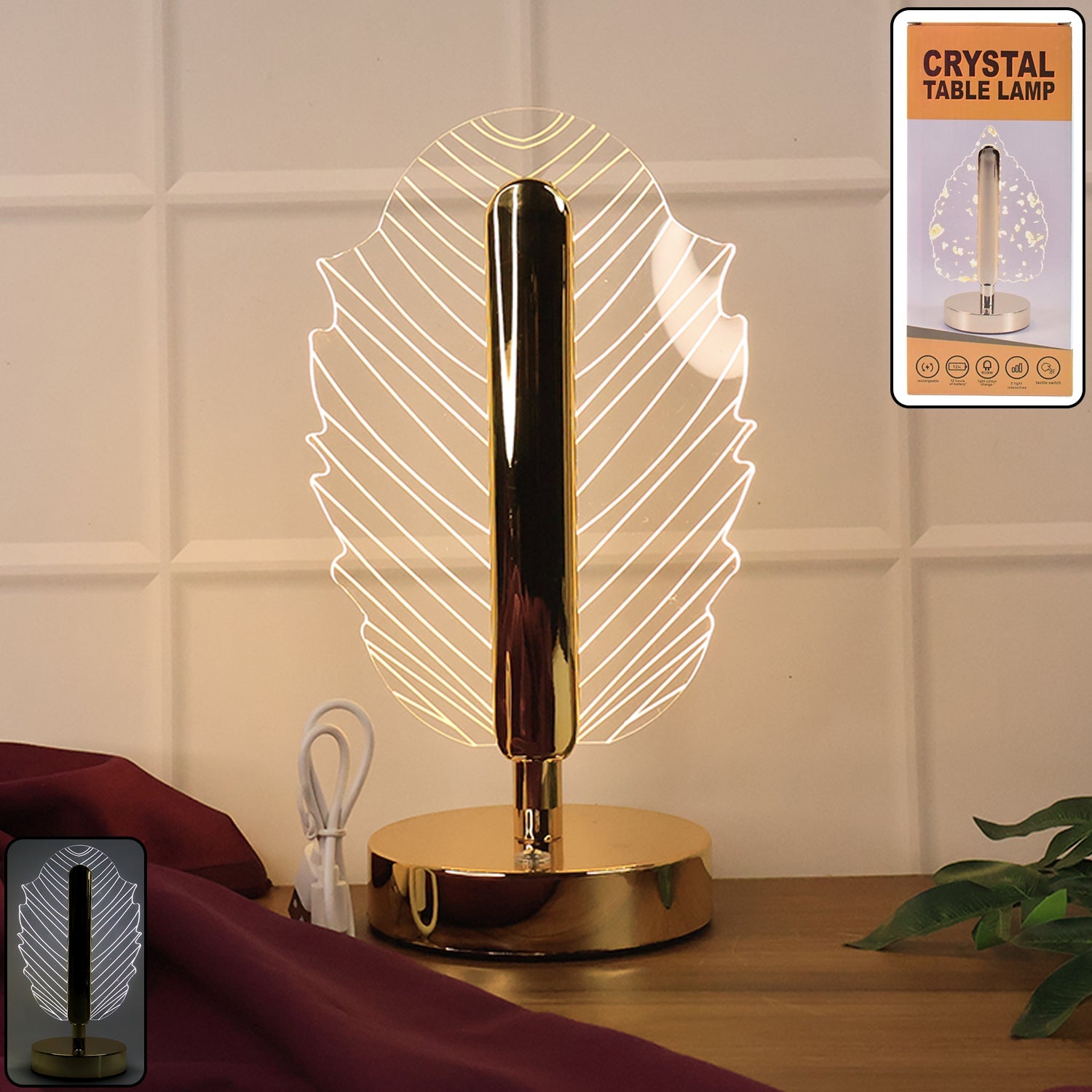 Leaf shape crystal table lamp with engraved acrylic shade and metal base