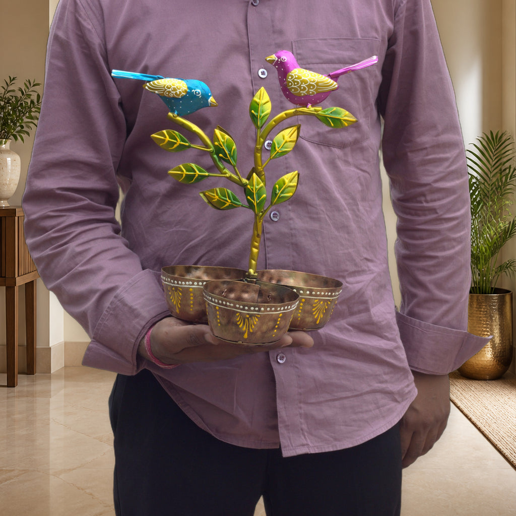 Iron Dry Fruit Bowl Stand with Bird Tree, 3 Bowls, 12 Inch