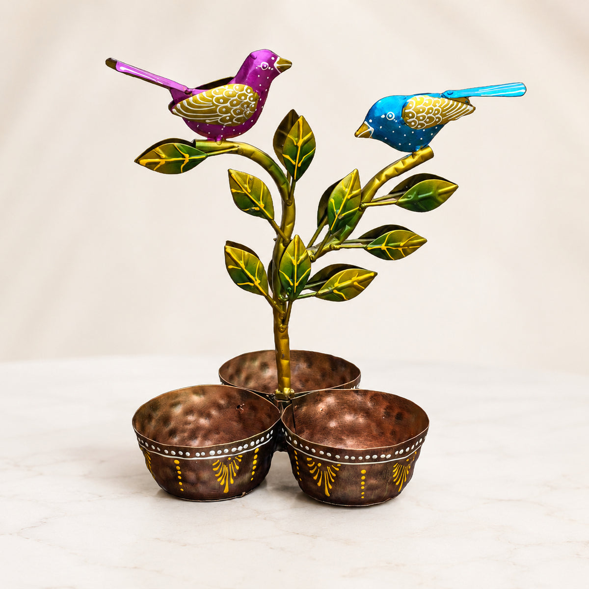 Iron Dry Fruit Bowl Stand with Bird Tree, 3 Bowls, 12 Inch