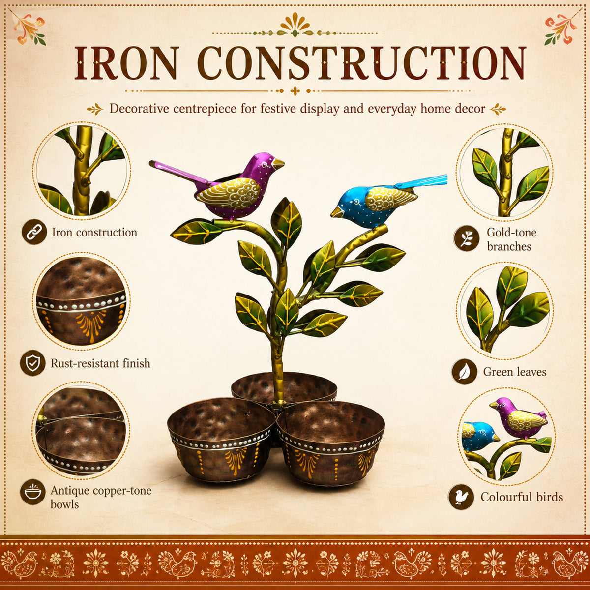 Iron Dry Fruit Bowl Stand with Bird Tree, 3 Bowls, 12 Inch