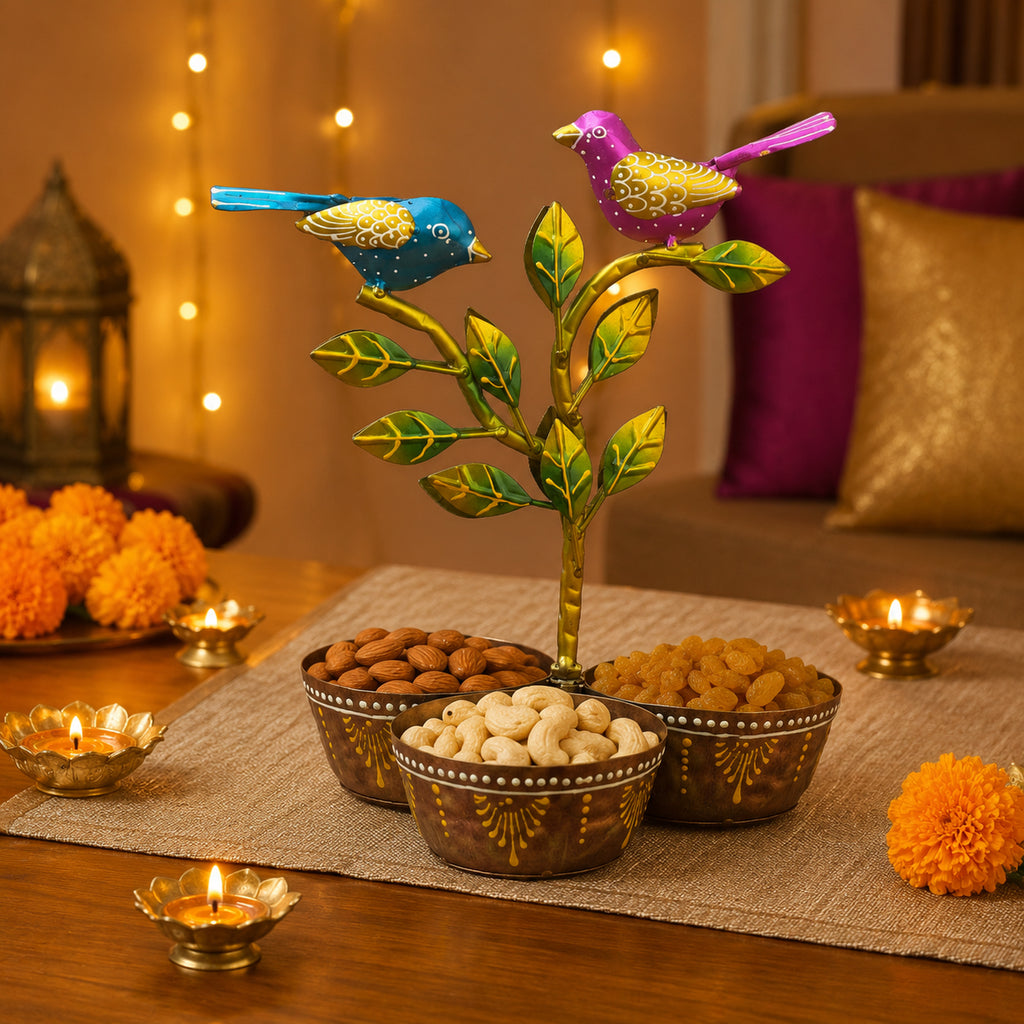 Iron Dry Fruit Bowl Stand with Bird Tree, 3 Bowls, 12 Inch