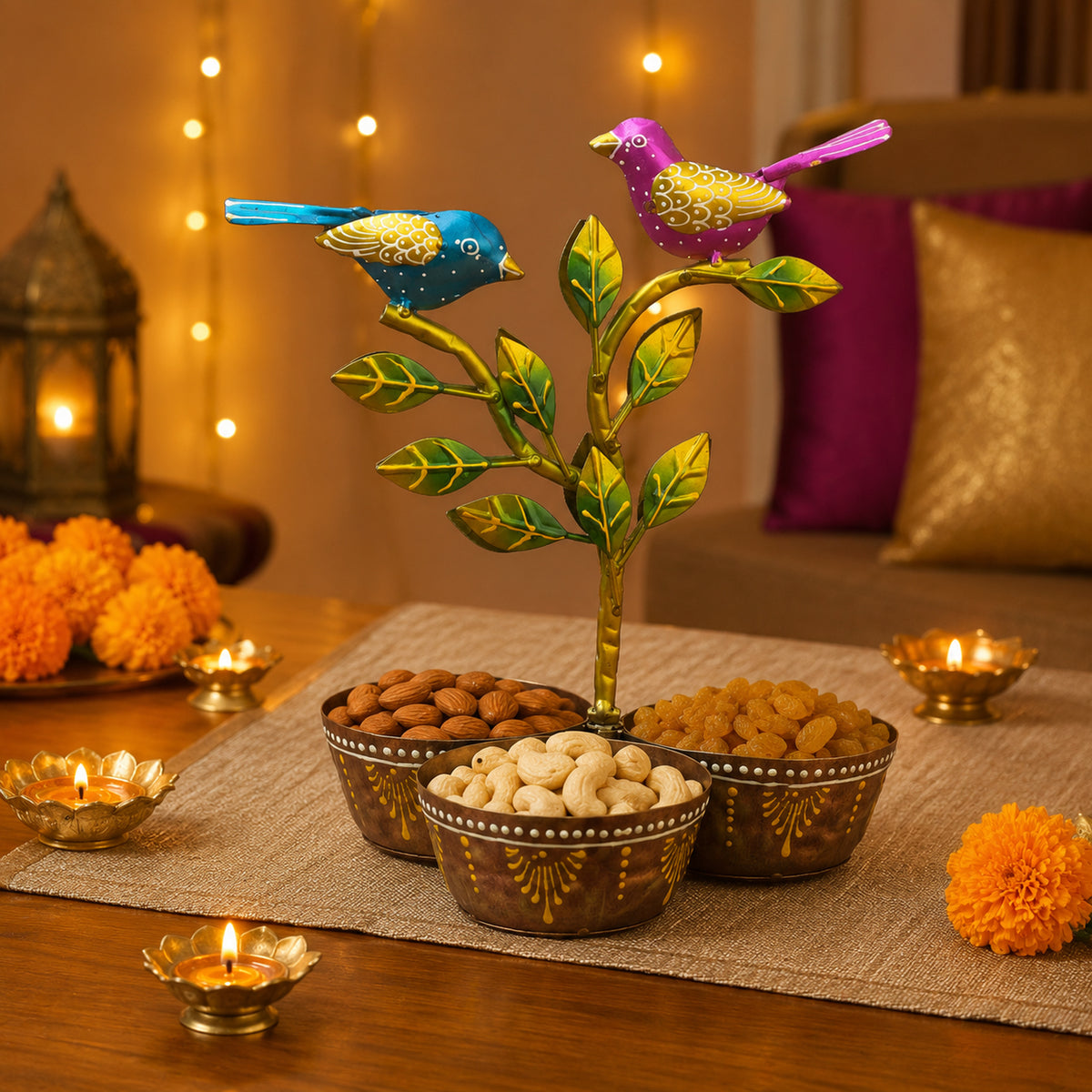 Iron Dry Fruit Bowl Stand with Bird Tree, 3 Bowls, 12 Inch