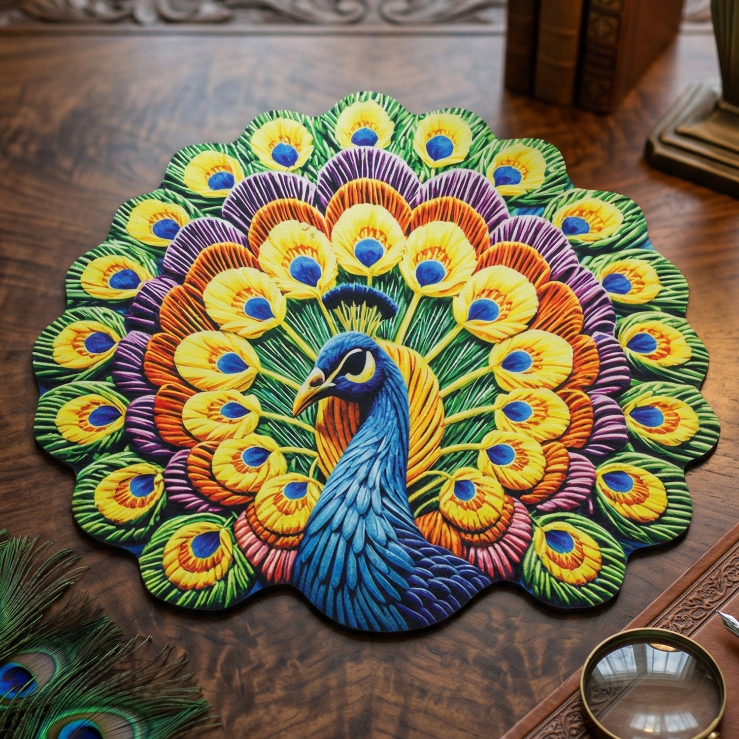 Decorative peacock design round floor mat in vibrant colors