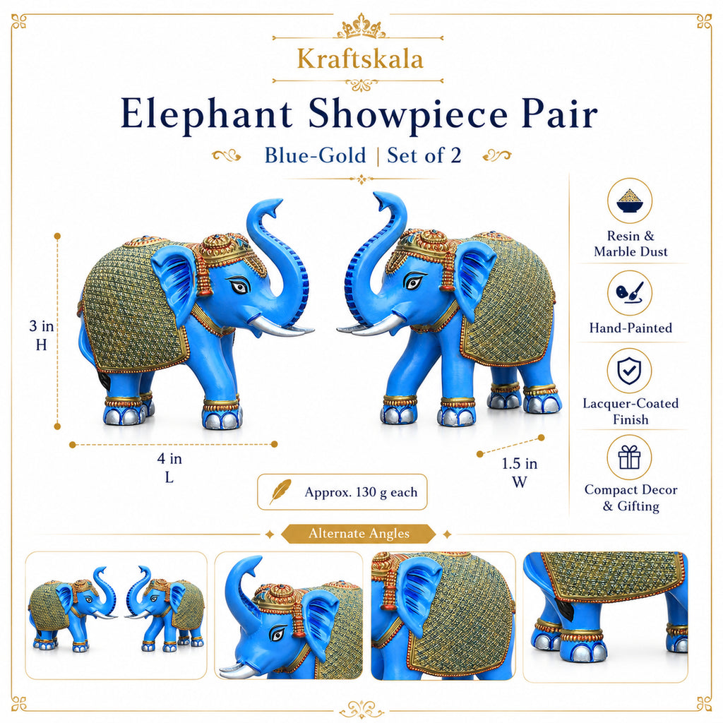 Blue Gold Mini Elephant Showpiece Pair, Car Dashboard, 3 Inch