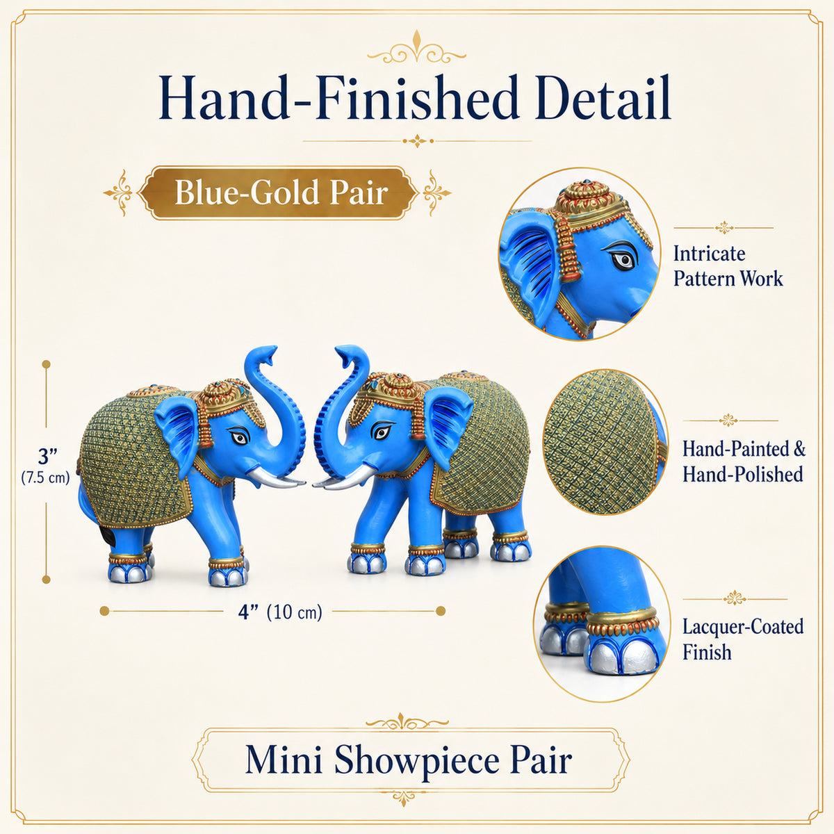 Blue Gold Mini Elephant Showpiece Pair, Car Dashboard, 3 Inch