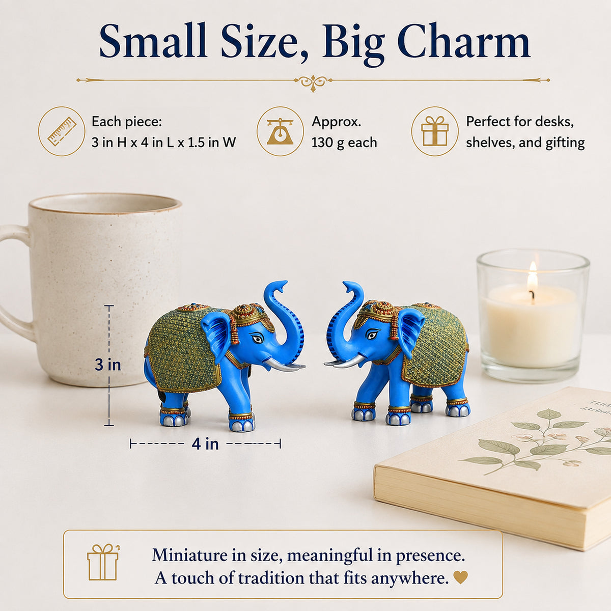 Blue Gold Mini Elephant Showpiece Pair, Car Dashboard, 3 Inch