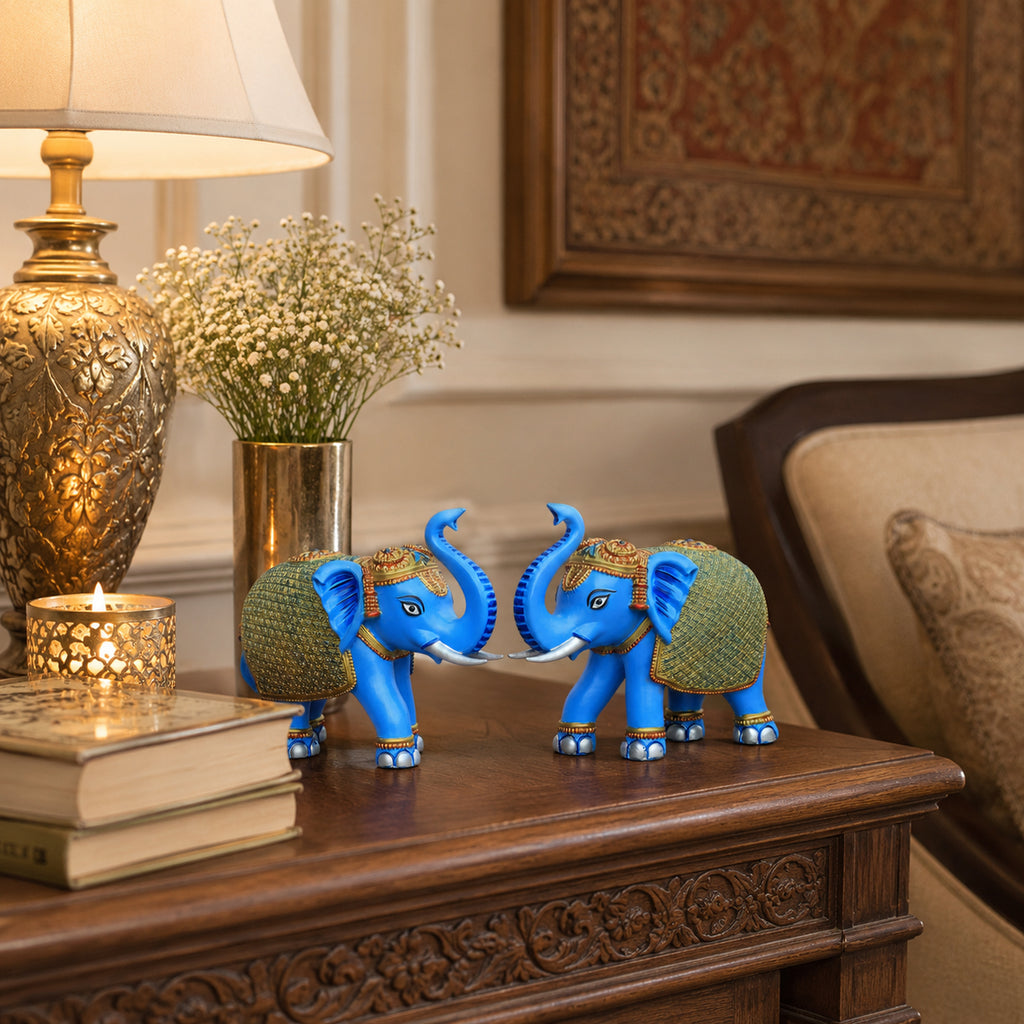 Blue Gold Mini Elephant Showpiece Pair, Car Dashboard, 3 Inch