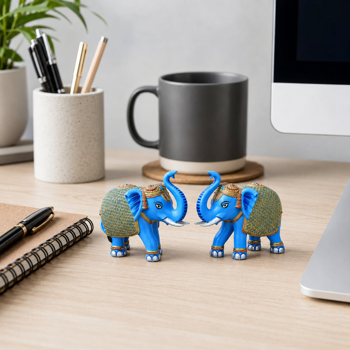 Blue Gold Mini Elephant Showpiece Pair, Car Dashboard, 3 Inch
