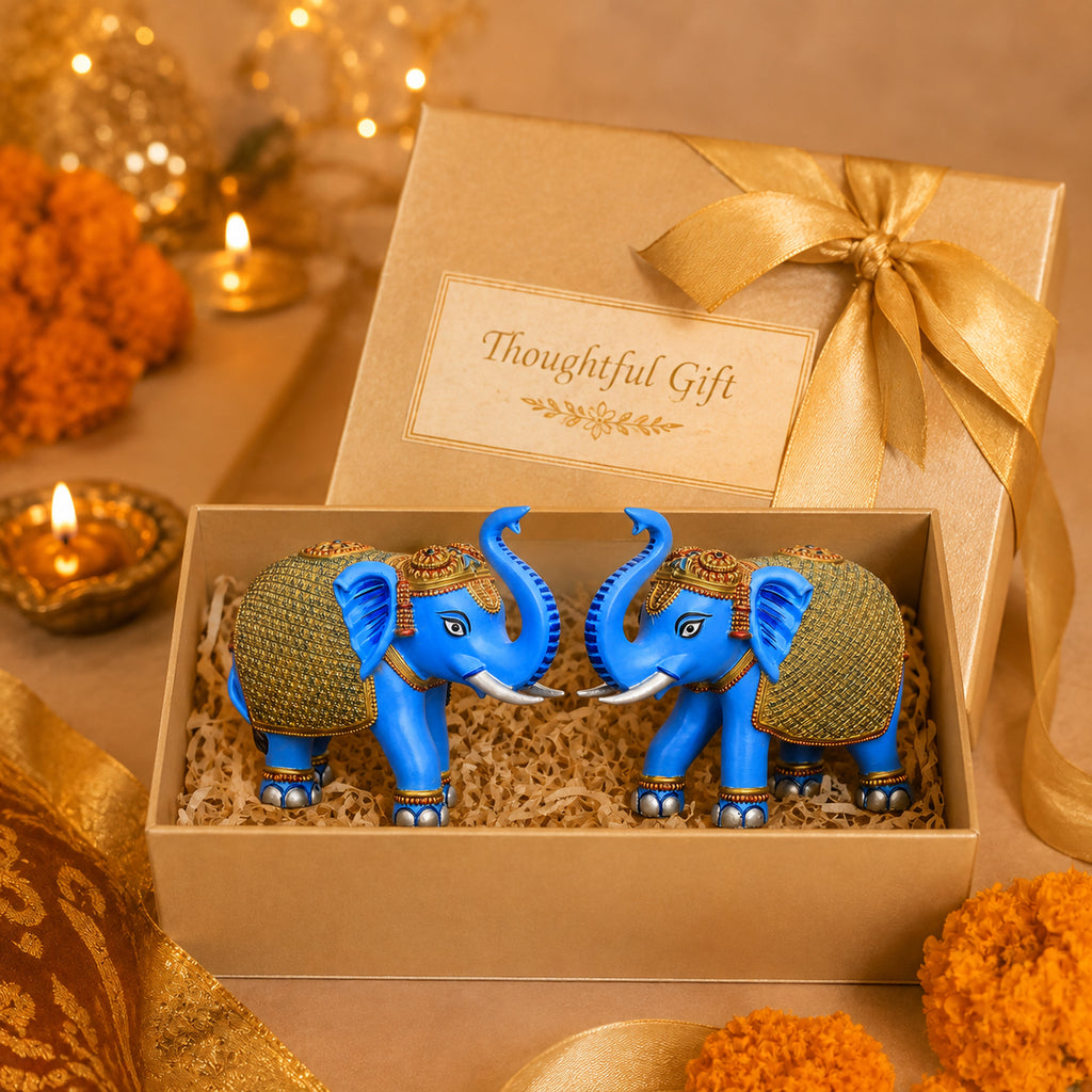 Blue Gold Mini Elephant Showpiece Pair, Car Dashboard, 3 Inch