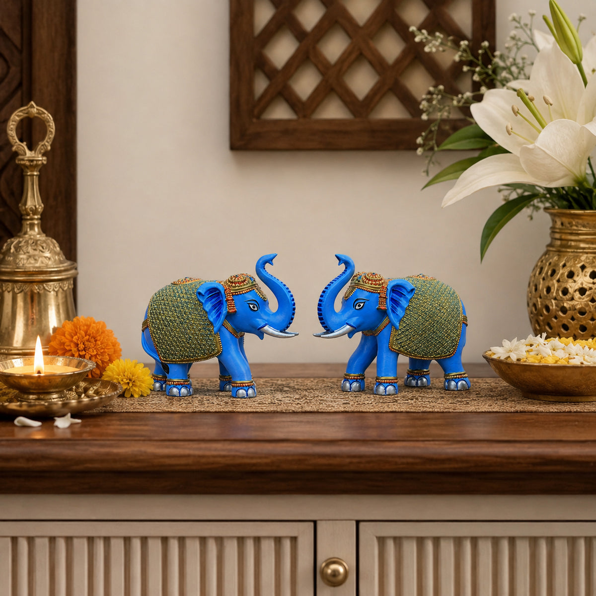 Blue Gold Mini Elephant Showpiece Pair, Car Dashboard, 3 Inch