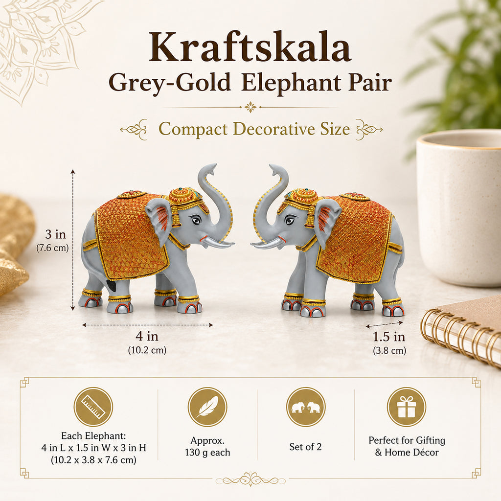 Grey Gold Mini Elephant Showpiece Pair, Car Dashboard, 3 Inch