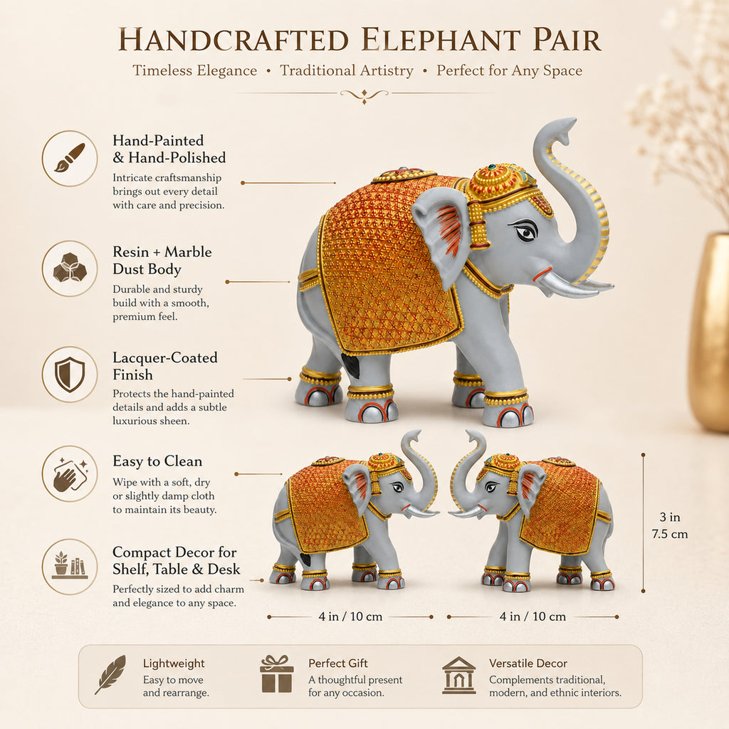 Grey Gold Mini Elephant Showpiece Pair, Car Dashboard, 3 Inch