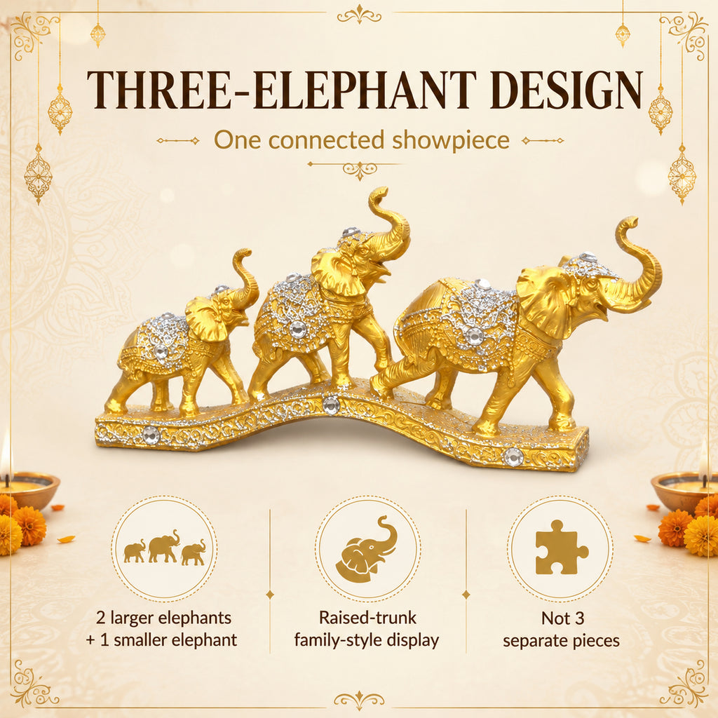 Gold Elephant Family Showpiece, 3 Elephants, Resin, 13 Inch