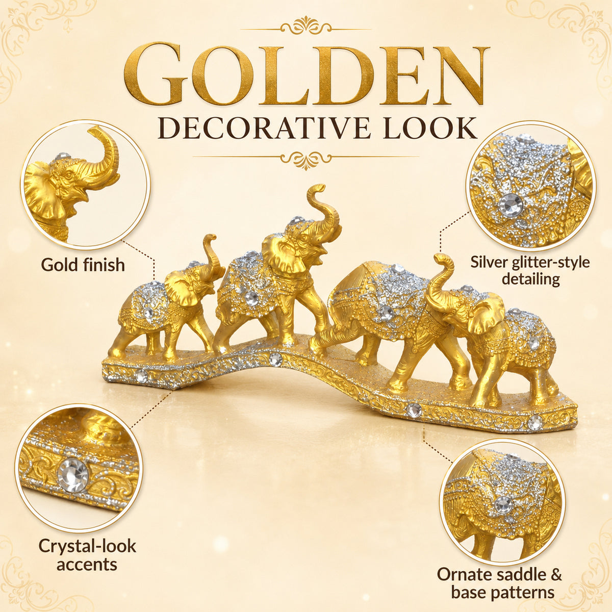 Gold Elephant Family Showpiece, 3 Elephants, Resin, 13 Inch