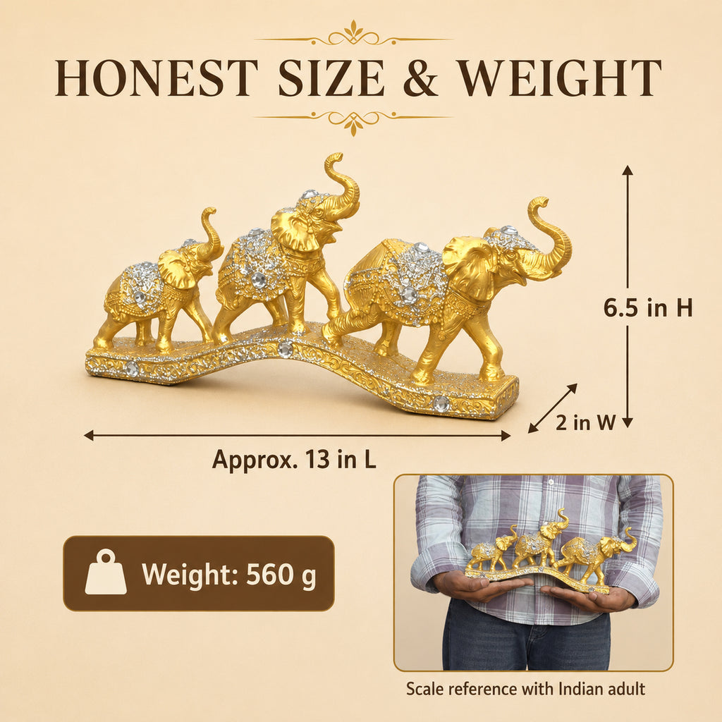 Gold Elephant Family Showpiece, 3 Elephants, Resin, 13 Inch