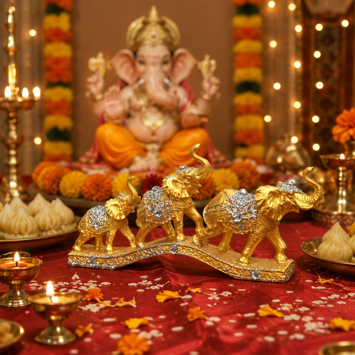Gold Elephant Family Showpiece, 3 Elephants, Resin, 13 Inch