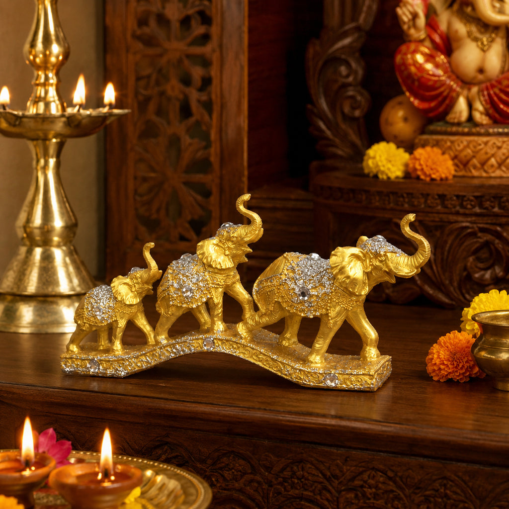 Gold Elephant Family Showpiece, 3 Elephants, Resin, 13 Inch