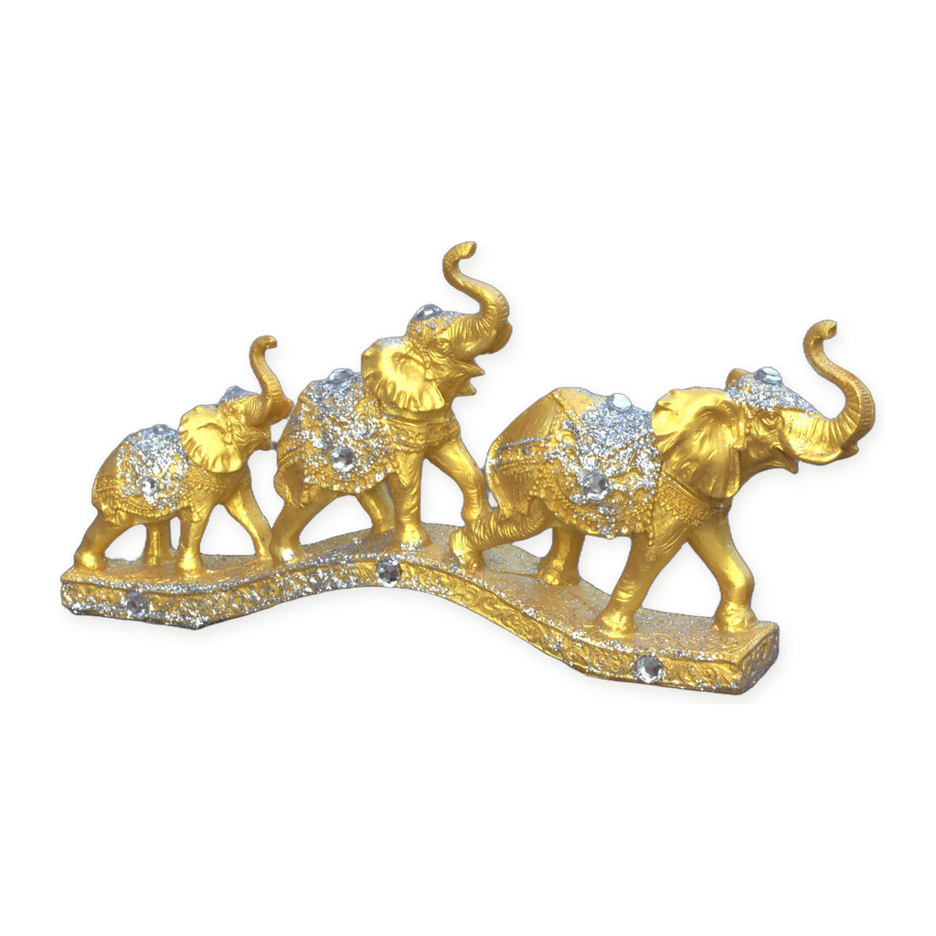 Gold Elephant Family Showpiece, 3 Elephants, Resin, 13 Inch