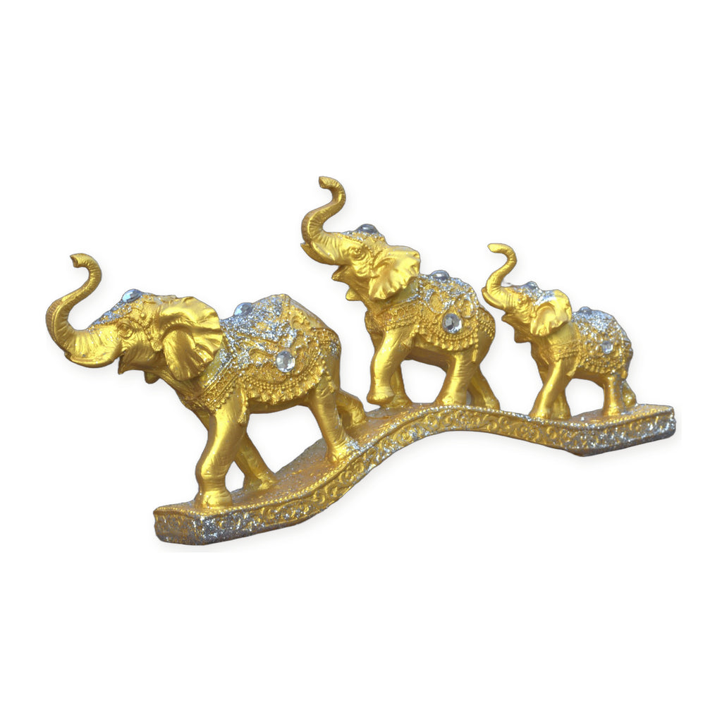 Gold Elephant Family Showpiece, 3 Elephants, Resin, 13 Inch