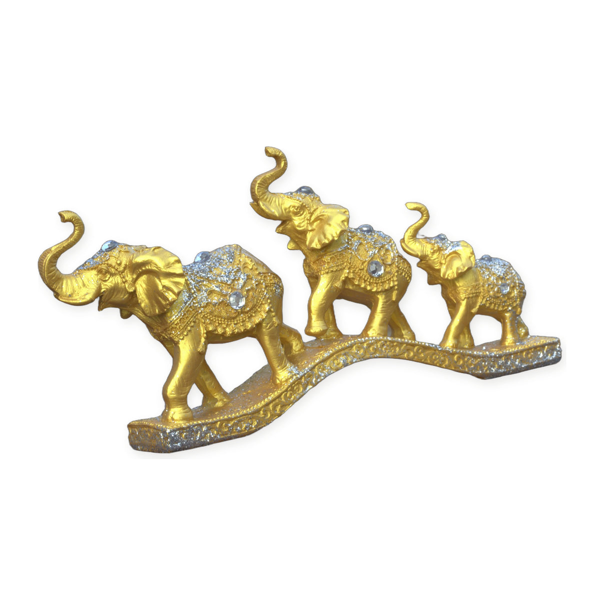 Gold Elephant Family Showpiece, 3 Elephants, Resin, 13 Inch