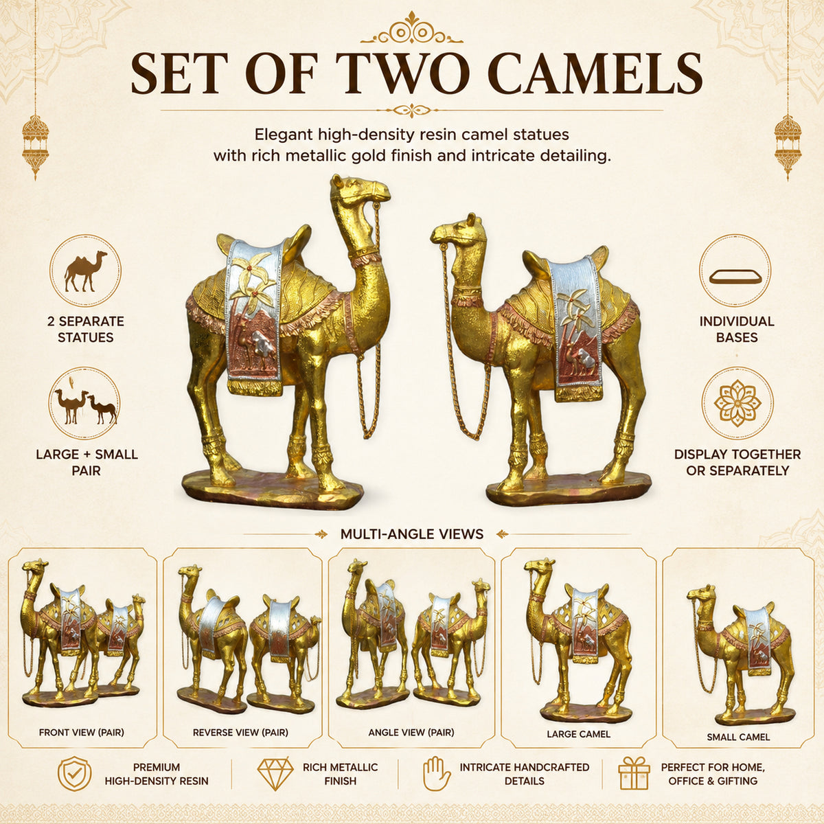 Gold Camel Statue Showpiece Pair, Set of 2, Resin, 10 Inch