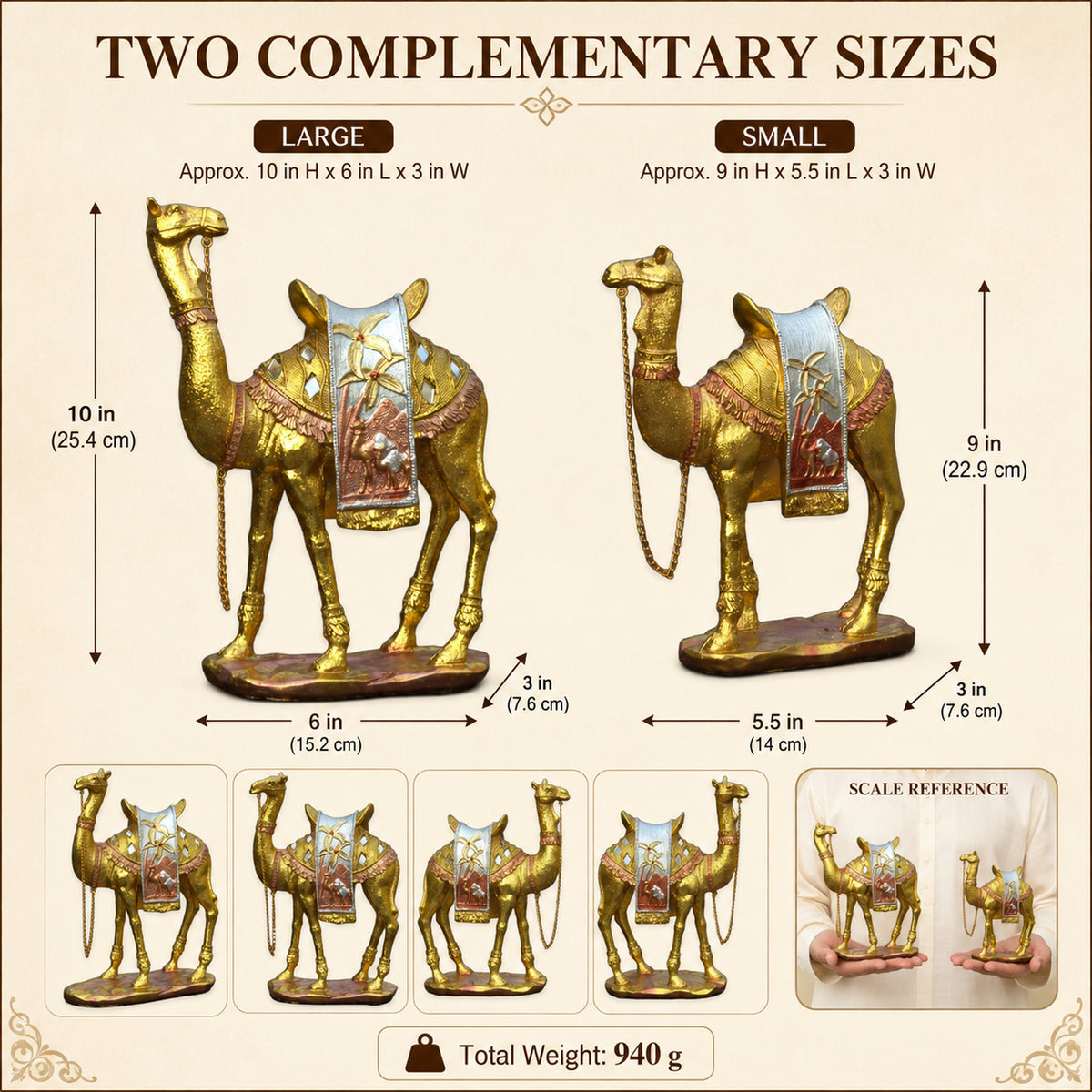 Gold Camel Statue Showpiece Pair, Set of 2, Resin, 10 Inch