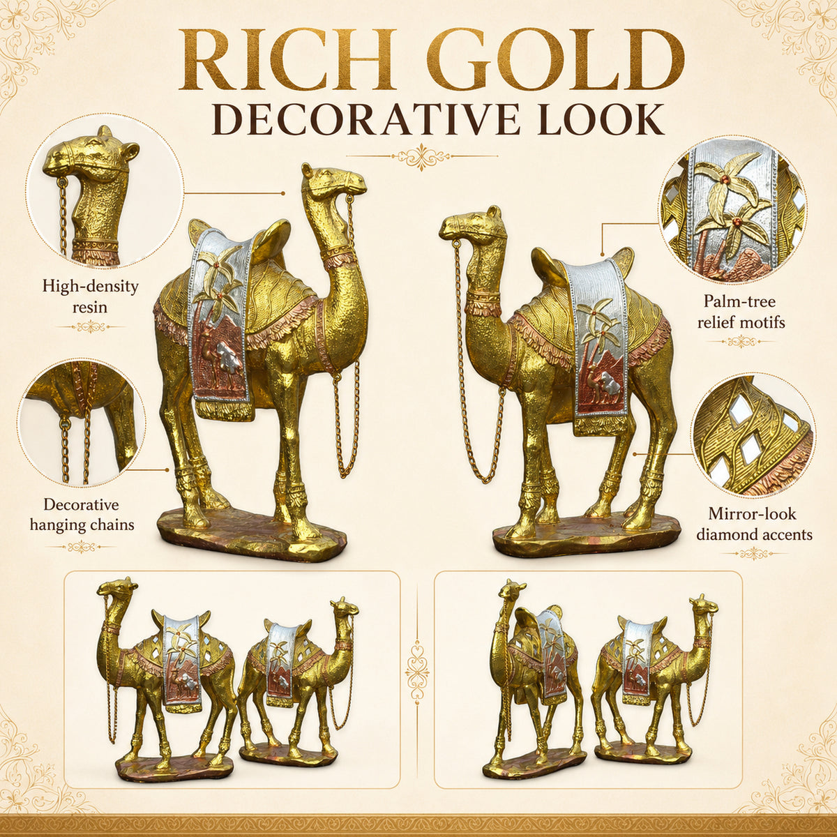 Gold Camel Statue Showpiece Pair, Set of 2, Resin, 10 Inch
