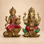 Red Gold Lakshmi Ganesh Idol Set of 2, Polyresin Murti, 7 Inch