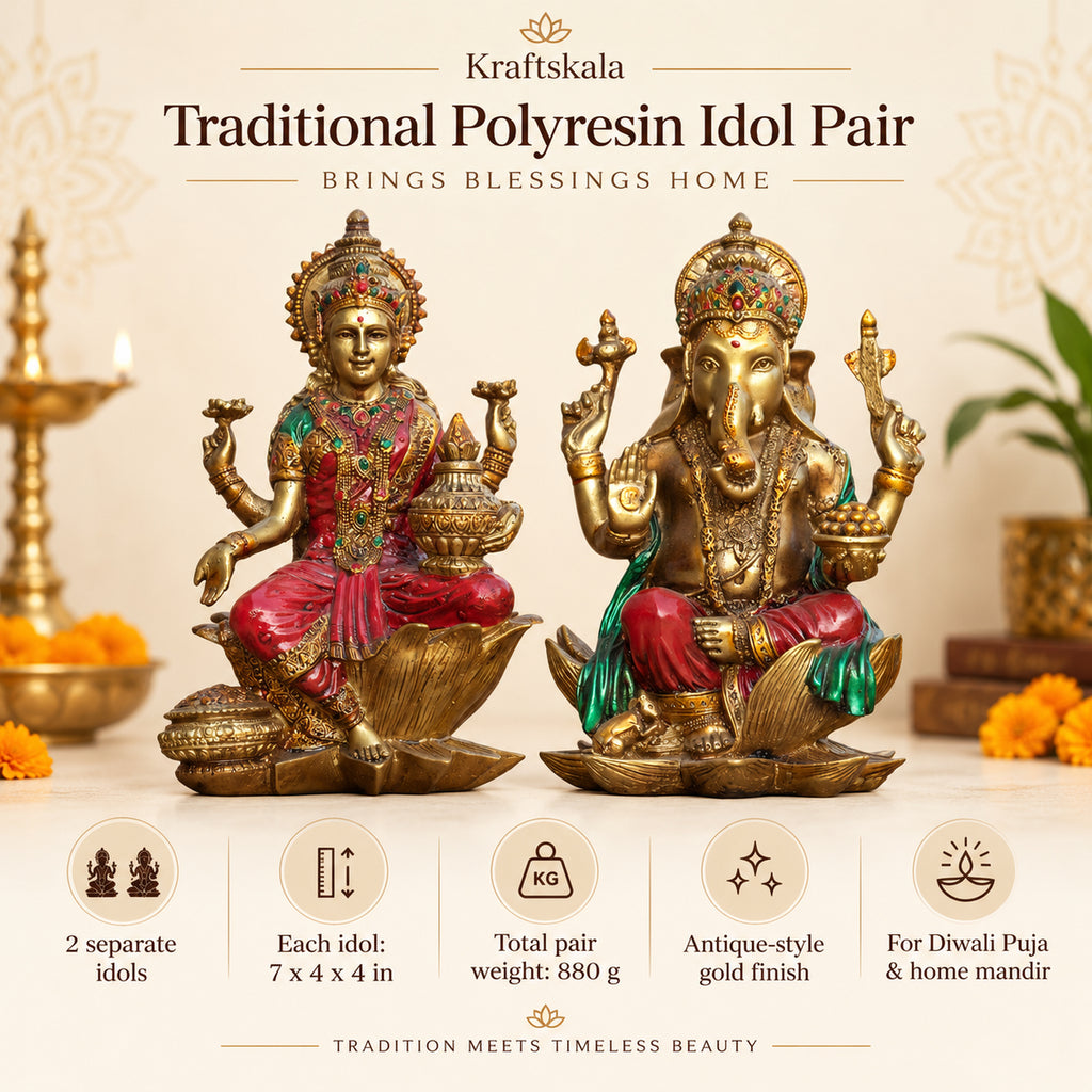 Red Gold Lakshmi Ganesh Idol Set of 2, Polyresin Murti, 7 Inch