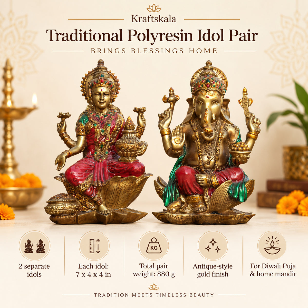 Red Gold Lakshmi Ganesh Idol Set of 2, Polyresin Murti, 7 Inch