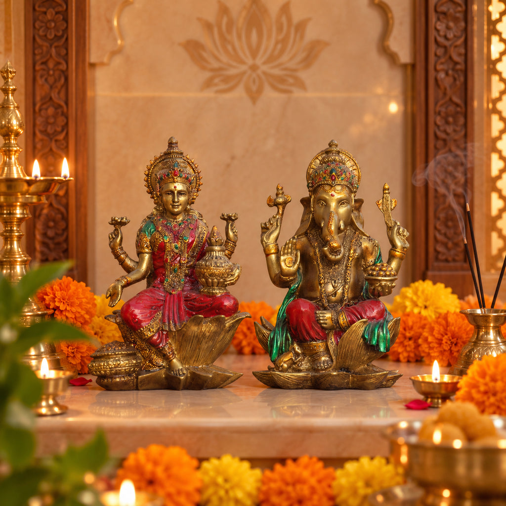 Red Gold Lakshmi Ganesh Idol Set of 2, Polyresin Murti, 7 Inch