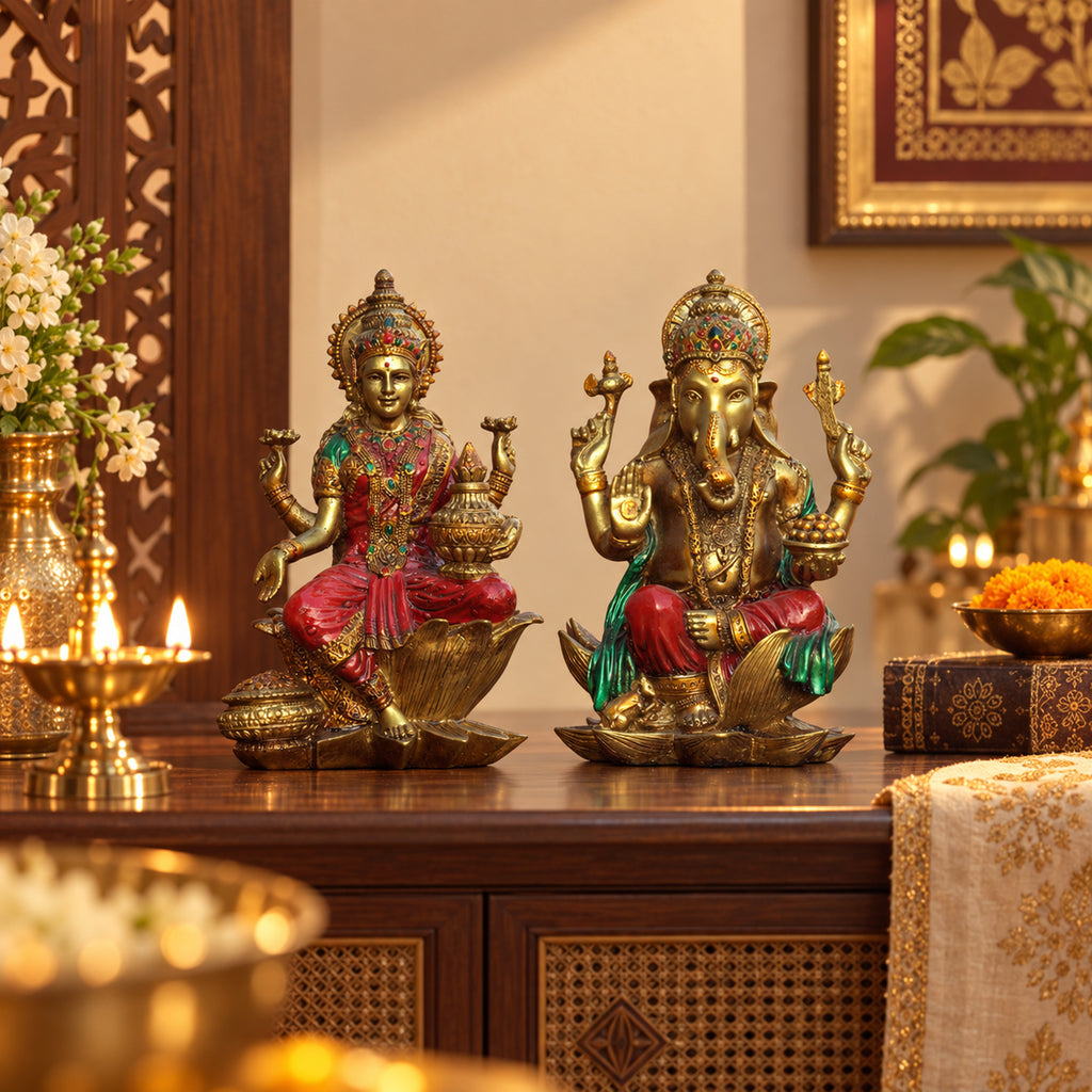 Red Gold Lakshmi Ganesh Idol Set of 2, Polyresin Murti, 7 Inch