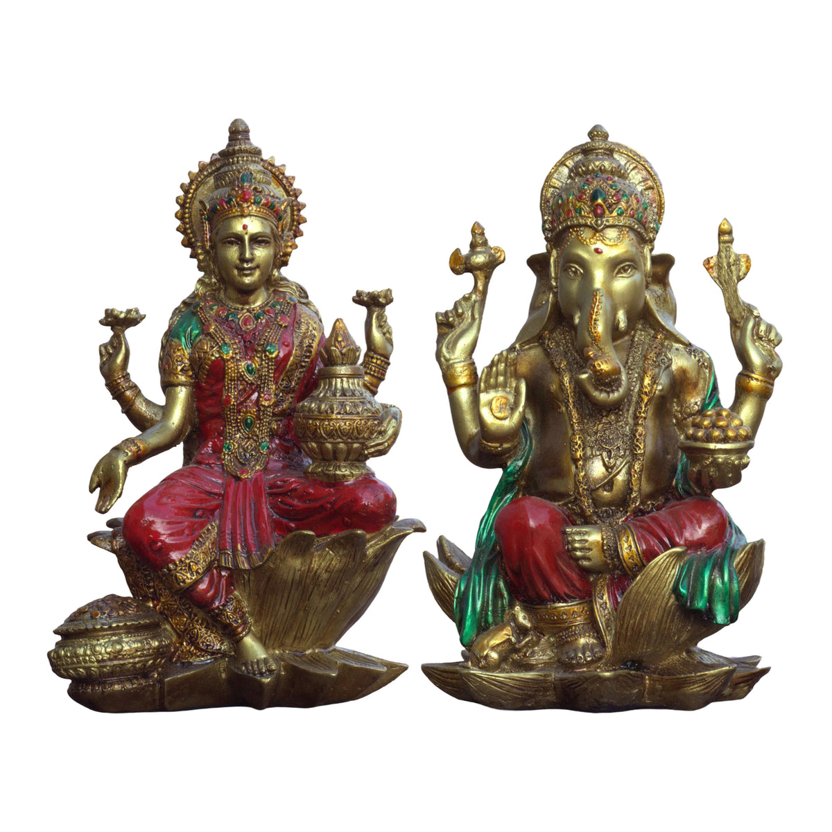 Red Gold Lakshmi Ganesh Idol Set of 2, Polyresin Murti, 7 Inch