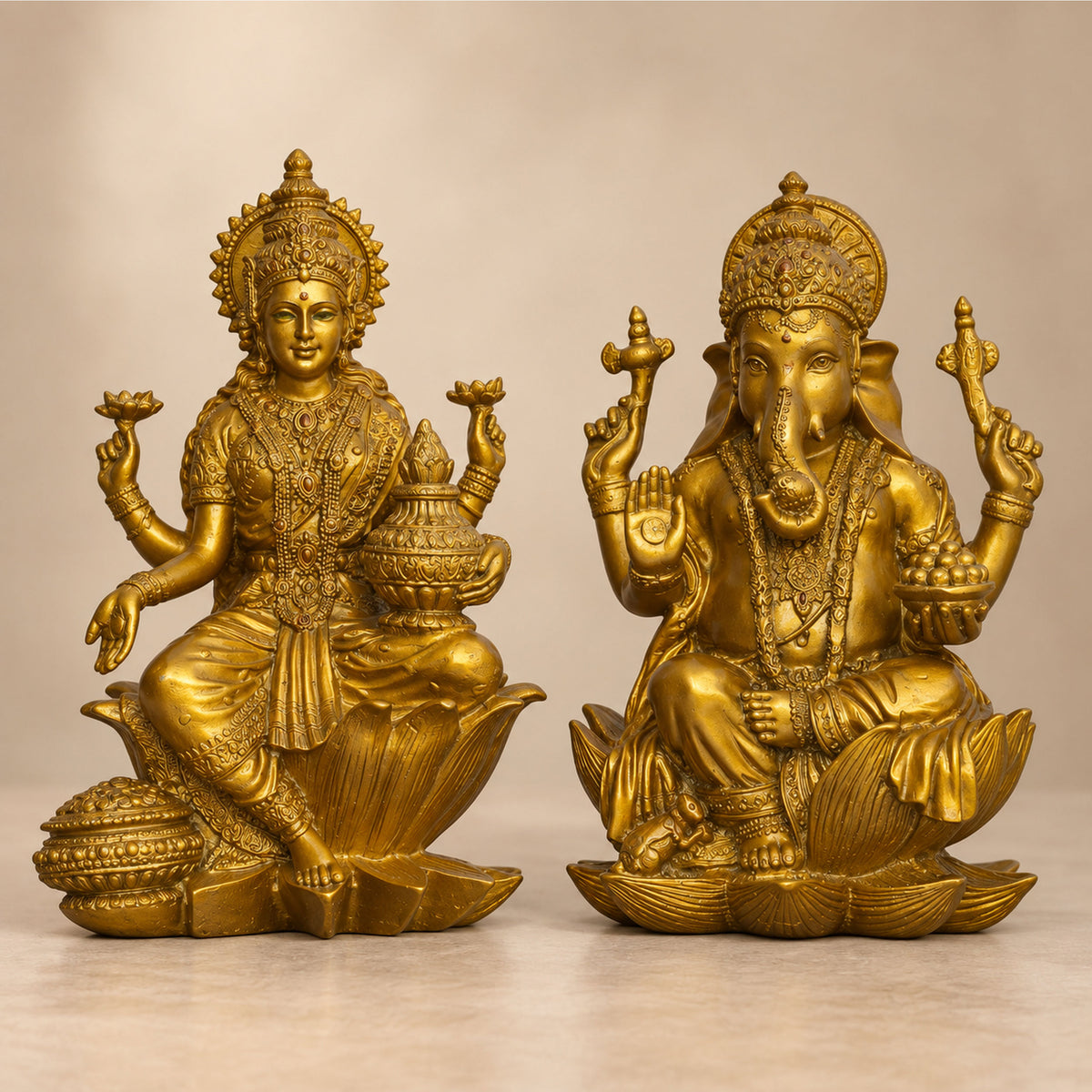 Antique Gold Laxmi Ganesh Idol Set of 2, Polyresin Murti, 7 Inch
